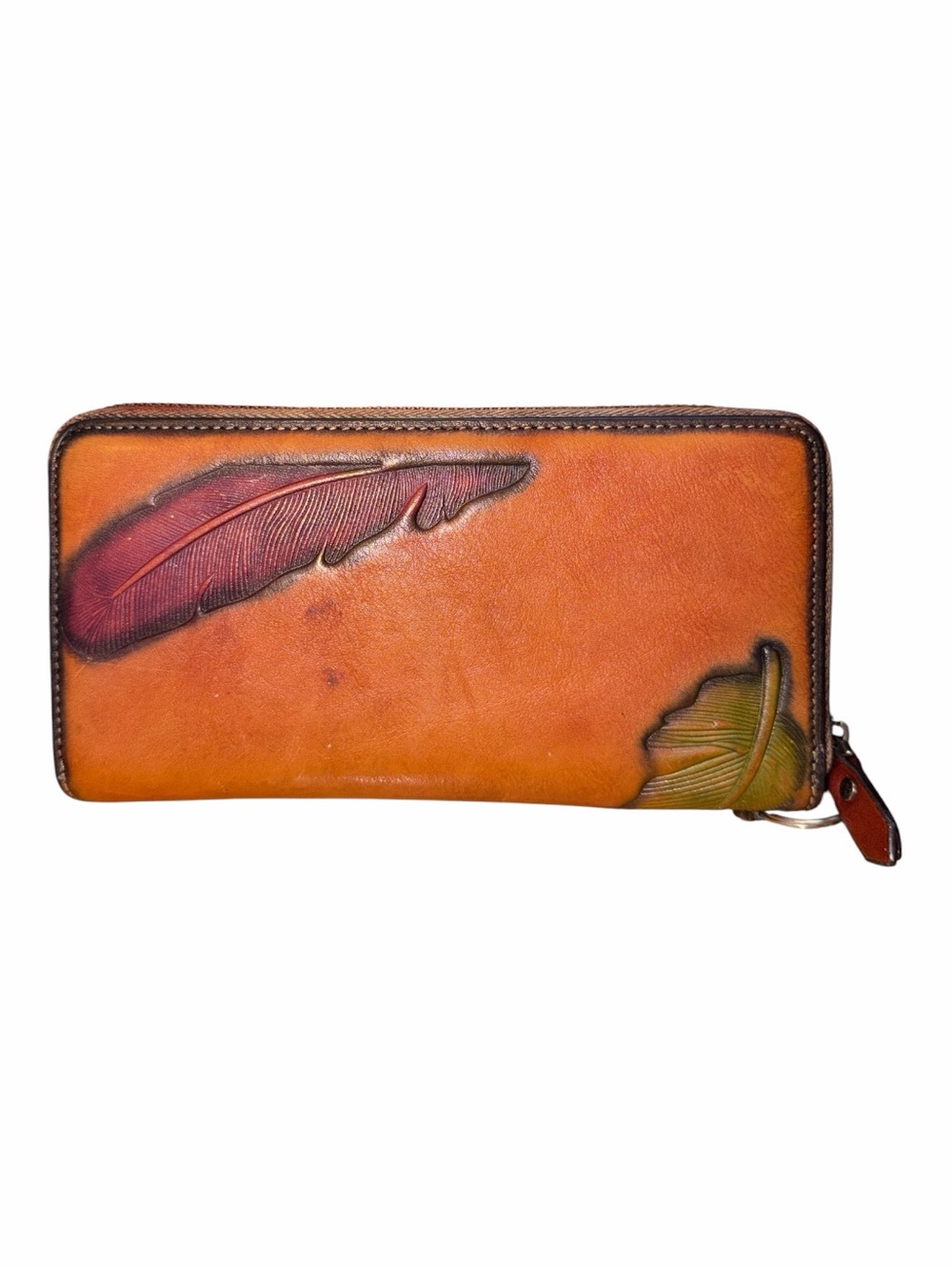 Orange Leather Zip Wallet with Green Feather Motif - Picture 2 of 3